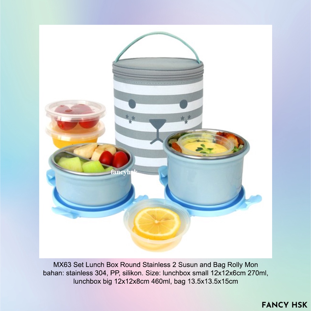 LUNCH BOX SET ROUND STAINLESS 2 STORIES AND BAG ROLLY MON MX63