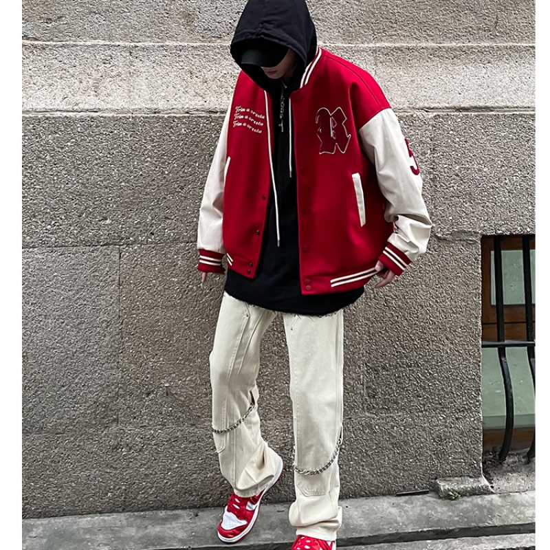 BBlack Red Oversize Varsity Jacket Vintage Men R Letter Embroidery Baseball Bomber Coats Women Hip Hop Streetwear Leathe