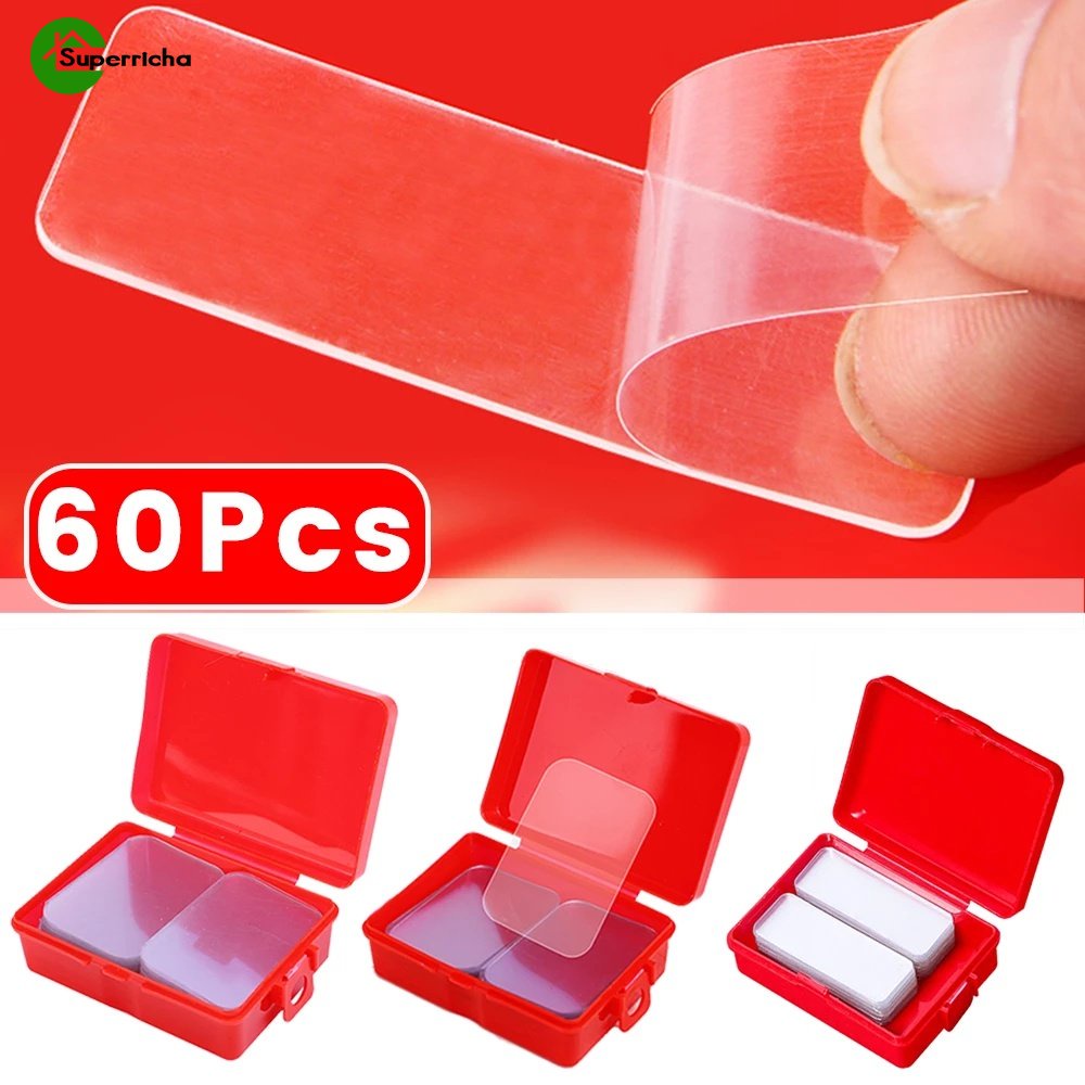 60 ชิ้น / กล่อง ไม่ทิ้งรอย และล้างทําความสะอาดได้ เทปเหนียว เทปกาวในตัว เทปใส สําหรับเครื่องมือ ใช้ซ้ําได้ กันน้ํา สติกเกอร์ติดผนัง มัลติฟังก์ชั่น เทปสองด้าน PVC