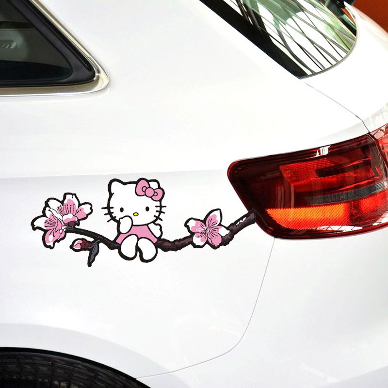 สติกเกอร์รถ Hello Kitty สาขาดอกไม้การ์ตูนน่ารักน่ารักเด็กสีชมพูตกแต่งสําหรับกระจกหน้าต่าง Trunk กันชนรถจักรยานยนต์