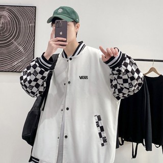 spot💥Checkerboard Jacket New Stitching Baseball Uniform Men s Loose Jacket