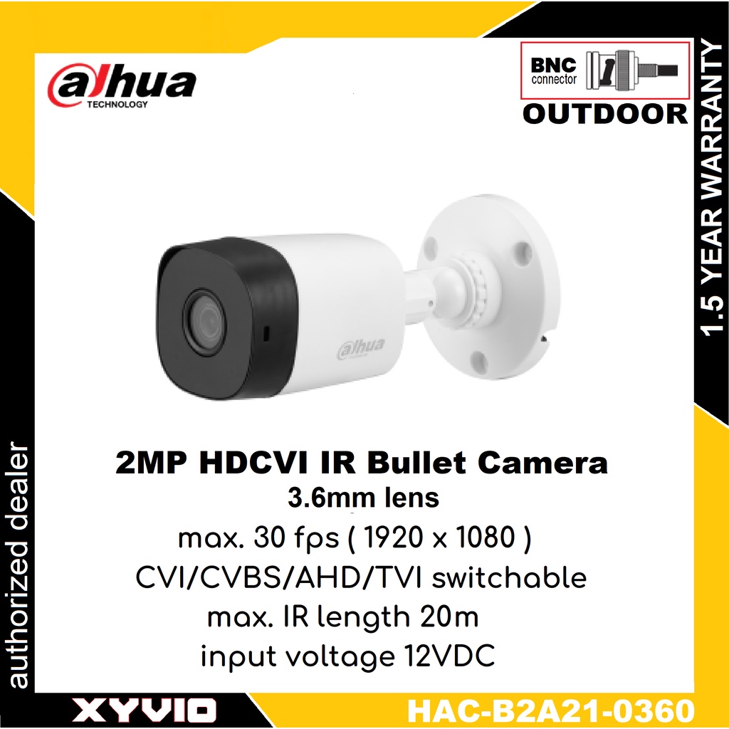 DAHUA HAC-B2A21 2MP 3.6 มม. 1920 x 1080 HDCVI IR Bullet กล้องในร่ม HAC-B2A21-0360 โลหะ Chasis