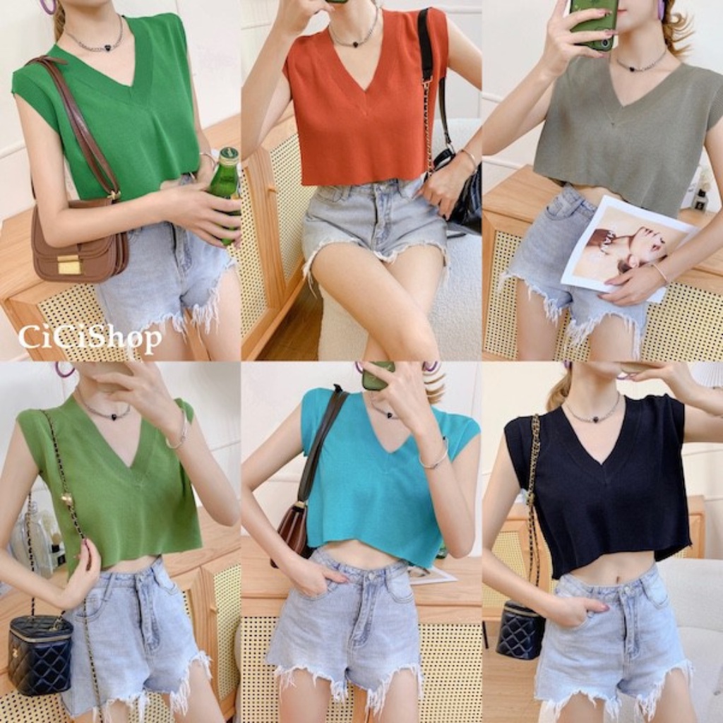 Cicishop(2269)เสื้อครอปไหมพรมคอวีแขนกุด ผ้าknit ใส่ง่ายแมทช์กับขายาวหรือขาสั้นปังมาก