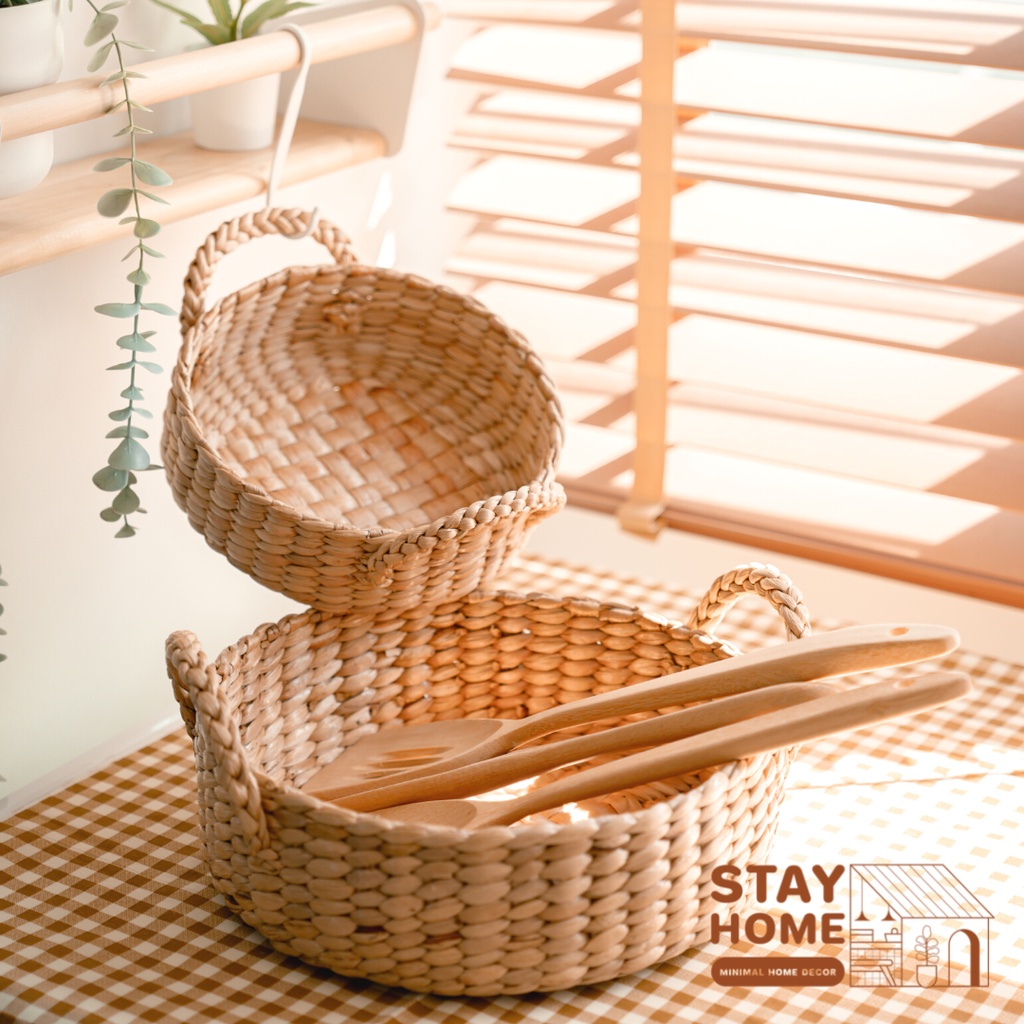 ตะกร้าผักตบชวา ถาดทรงกลม มีหูจับ 8 / 10 นิ้วstayhome