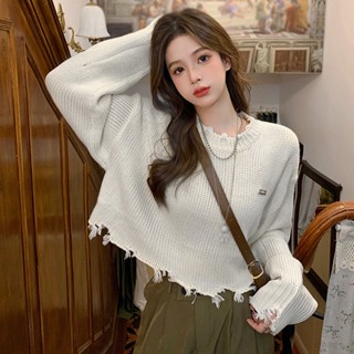 เสื้อกันหนาว คอกลม แขนพอง ผ้าถัก สไตล์เกาหลี สําหรับผู้หญิง