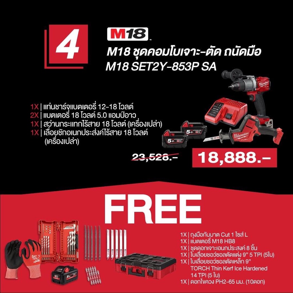 ชุดคอมโบเจาะ-ตัด ถนัดมือ MILWAUKEE NO.M18 SET2Y-853P SA Versatile Combo Set  Factory Gear By Gear Ga