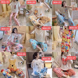เช็ตชุดนอนพิมพ์ลายการ์ตูน เสื้อยืดคอกลม+กางเกง ชุดนอนลายการ์ตูน พร้อมส่ง