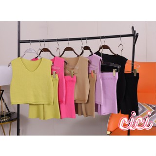 Cici(2097-1)ชุดเซตเสื้อครอป+กางเกงเอวสูงทรงbiker ผ้าไหมพรมknitทอร่องยืดได้เยอะ รุ่นมาแรง!