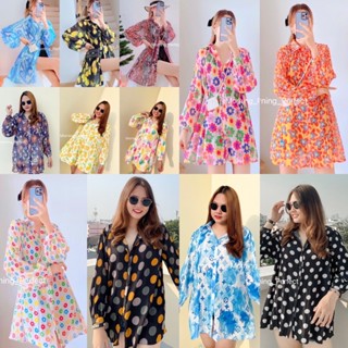 mini dress เสื้ออัดพลีท  เสื้อเชิ้ต​​ มินิเดรสแขนยาว​ เล่นระดับ​ ผ้าชีฟอง