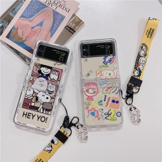 เคสโทรศัพท์มือถือ PC แข็ง แบบใส กันกระแทก ลายการ์ตูนสนูปปี้น่ารัก พร้อมสายโซ่คล้อง สําหรับ Samsung Galaxy Z Flip 4 5G 3in1 Z Flip 3