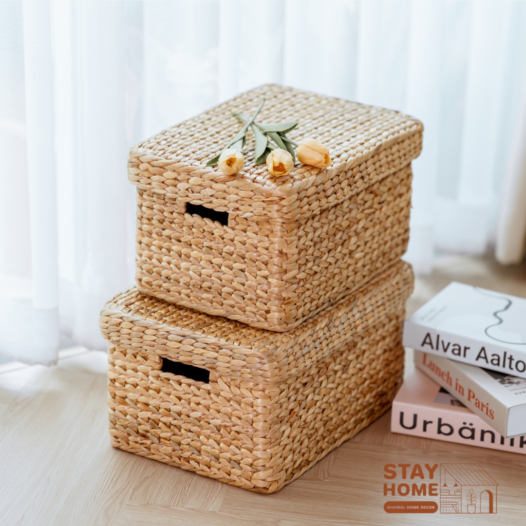 กล่องผักตบชวาสาน มีฝาปิด ขนาด 12,14,16 นิ้ว ตะกร้าสานผักตบชวา กล่องจัดระเบียบ