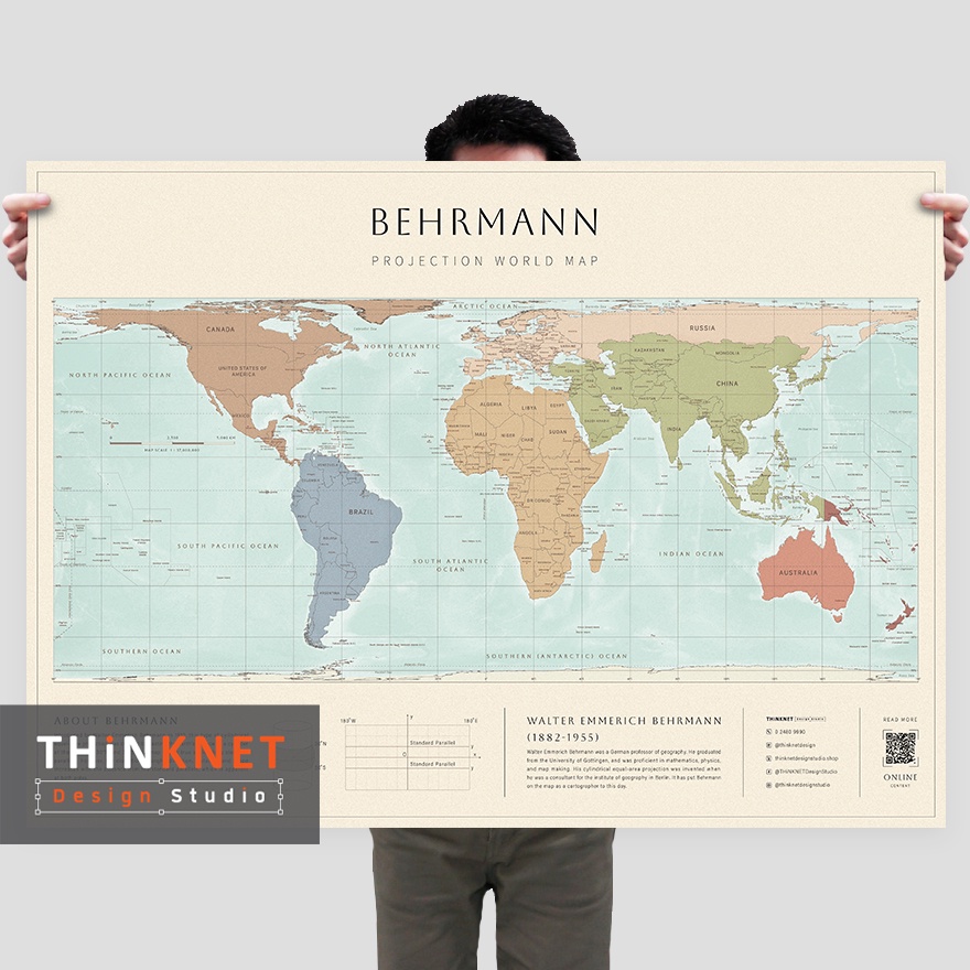 โปสเตอร์แผนที่โลกโมเดิร์น: แบร์มันน์ โปรเจกชัน-มินิมอล คัลเลอร์ Modern World Map: Behrmann Projection-Minimal Color