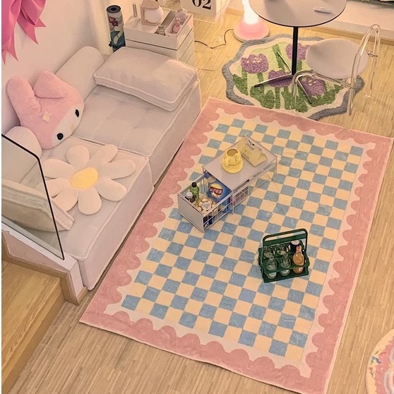 พรม แคชเมียร์ พรมปูพื้น 60x90 140x200 สีสันสดใส ตารางหมากรุก พรมปูพื้นห้องนอน พรมน่ารัก พรมข้างเตียง พรมเกาหลี