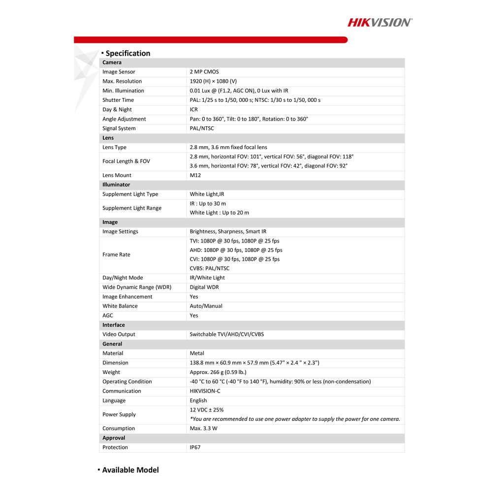 HIKVISION  กล้องวงจรปิด HD 4IN1 DS-2CE16D0T-LFS (2.8/3.6mm) มีไมค์ในตัว / COLORVU / INFARED เลือกปรับความสว่าง LED ได้