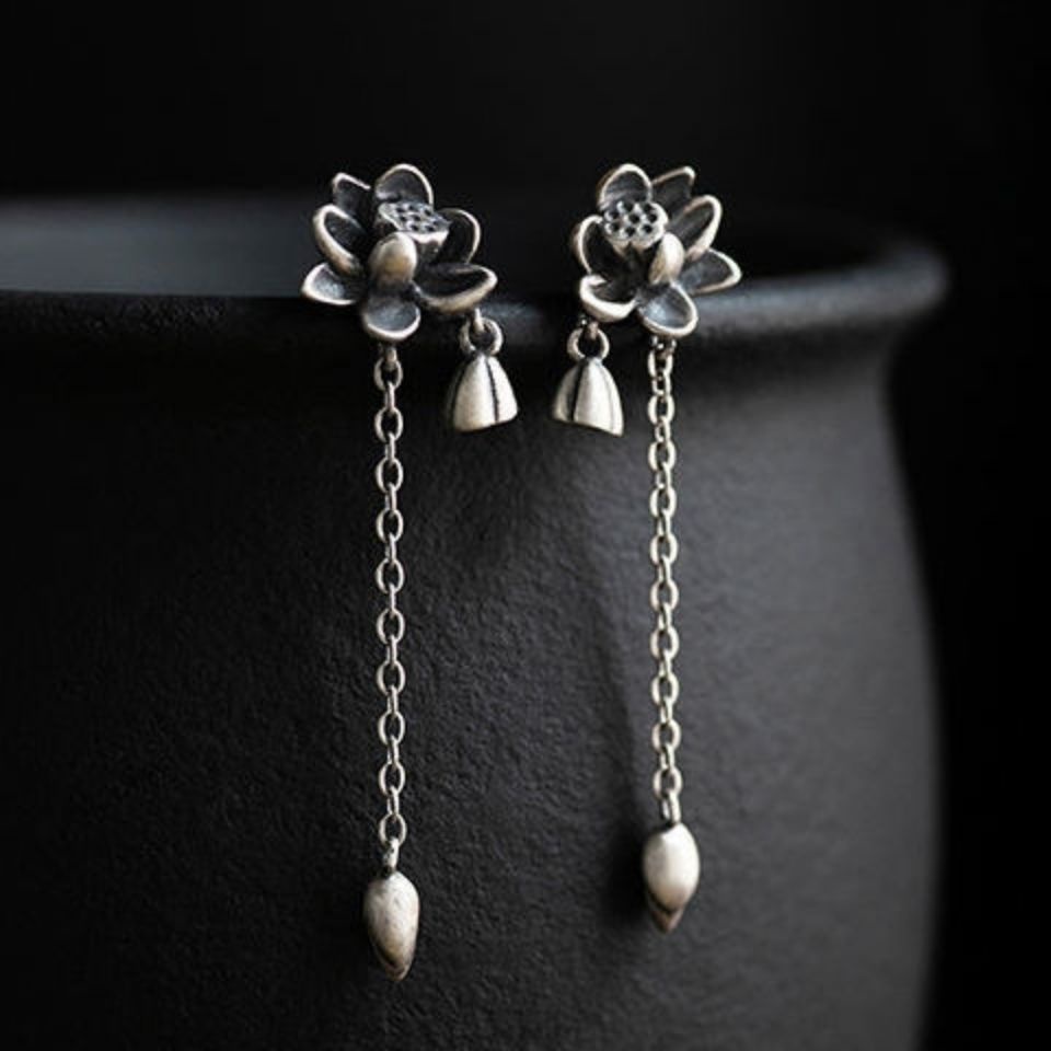 Miyan 925 ต่างหูเงิน Retro Art Fresh Lotus Lotus Lotus จี้ขนาดเล็กต่างหูยาวต่างหูเงินผู้หญิง