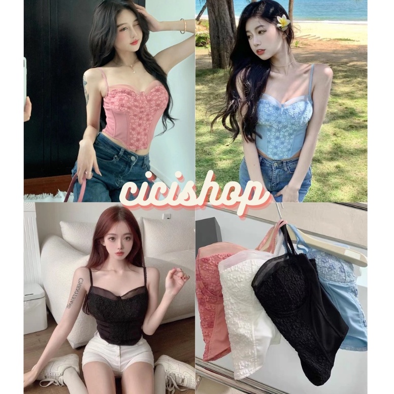 Cicishop(SALE 581) เสื้อสายเดี่ยวลูกไม้ มีฟองน้ำ สม็อคหลัง เนื้อผ้านิ่มไม่คัน  งานสวย รัดรูปเซ็กซี่ แซ่บมากแม่