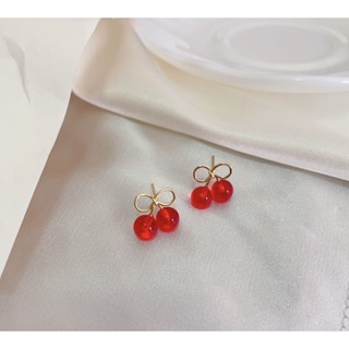 281-goodgift_station - Small cherry earrings s925 ต่างหูเงิน s925 ต่างหูเชอร์รี่สีแดง ตัวเรือนสีทอง สีสันสดใส น่ารักสุดๆ
