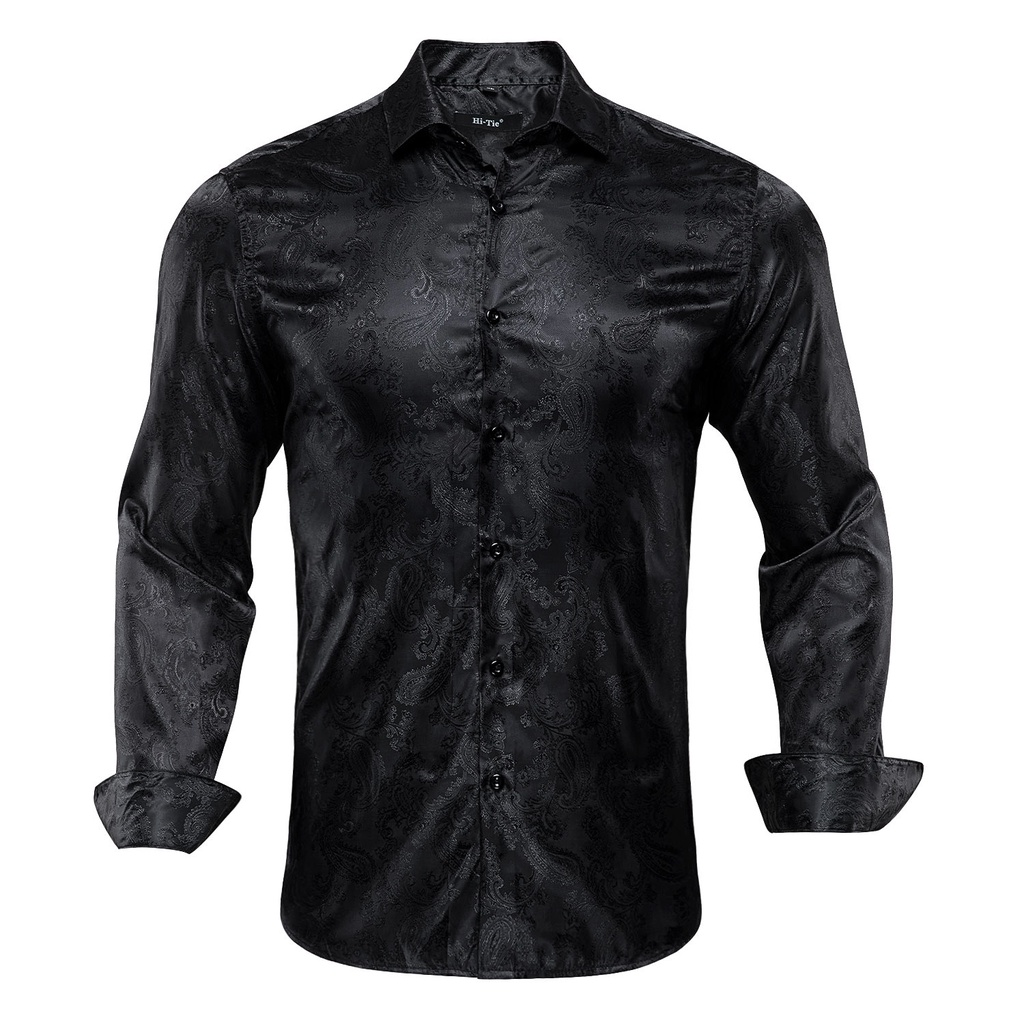 Hi-Tie High Quality Silk Mens Shirts Long Sleeve Black Brown Paisley Floral Shirt Slim Fit For Men Male Dress Jeans Suit #4