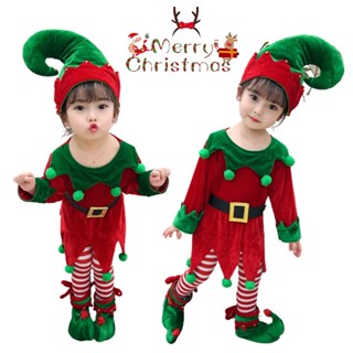 Kids Boys Girls Christmas Elf Cosplay Costume Toddler Xmas Set Dress Stockings Shoes