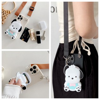 เคสโทรศัพท์มือถือ แบบนิ่ม ลายสุนัข Pochacco พร้อมสายคล้องยาว และกระเป๋าสตางค์ สําหรับ Samsung Galaxy S22 S21 S20 Ultra Plus S20 S21 FE S10 S9 S8 Plus S10E Note 20 Ultra 10 Plus 9 8