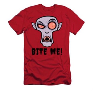 Creepy Vampire Cartoon with Bite Me Text T-Shirt เสื้อสีขาว เสื้อคู่ เสื้อเชิ้ตชาย เสื้อคู่รัก