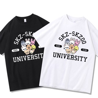 Stray Kids University เสื้อยืดการ์ตูนพิมพ์เสื้อยืดฤดูร้อนสไตล์เกาหลี Ins Top