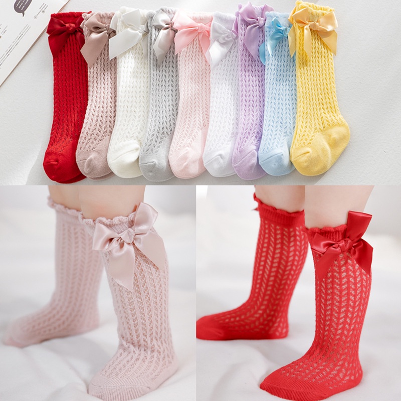 ถุงเท้าตาข่าย ยาวถึงเข่า ประดับโบว์ ขนาดใหญ่ 9 สี สําหรับเด็กผู้หญิง