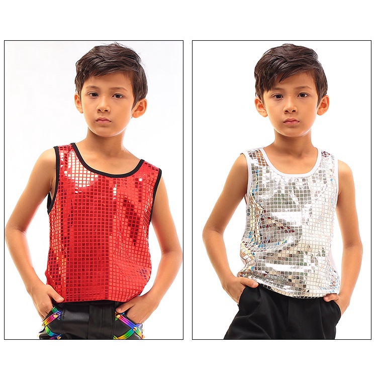 Boy Jazz Performance Costume Singer Children Hip Hop Dancing Clothes Sequin Vest Black T-Shirt Boys Tops Dance Wear DNV1 #8