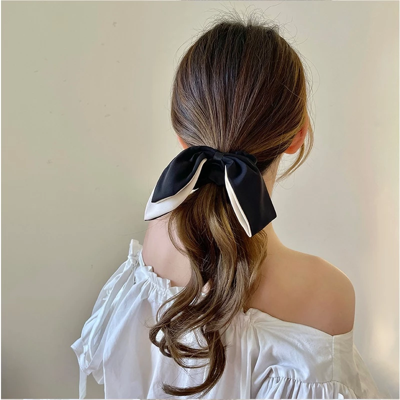 ใหม่สีดําสีขาวกุทัณฑ์ริบบิ้นเชือกผมหางม้าเครื่องประดับผมสําหรับสาวน่ารัก