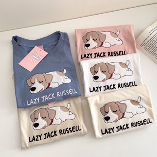 S180 เสื้อครอป ผ้าคอตตอน สไตล์มินิมอล ปัก lazy jack russell