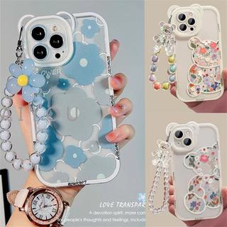For iphone 16 15 pro max เคสโทรศัพท์มือถือ ซิลิโคนใส ลายดอกไม้ หูหมี สีฟ้า เทา พร้อมสายโซ่คล้อง สําหรับ for iPhone 14 Pro Max 13 12 11 Pro Max X Xr Xs Max SE 2020