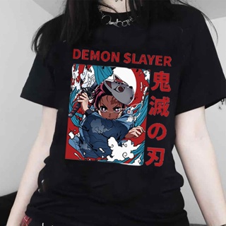 Tee เสื้อคนอ้วนผญ เสื้อยืด พิมพ์ลายอนิเมะ Demon Slayer สไตล์ญี่ปุ่น ฮาราจูกุ สีดํา สําหรับผู้หญิง