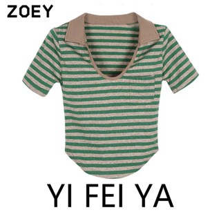 Zoey เสื้อยืดแขนสั้น คอยู ลายทาง สไตล์เก๋ไก๋ สําหรับผู้หญิง