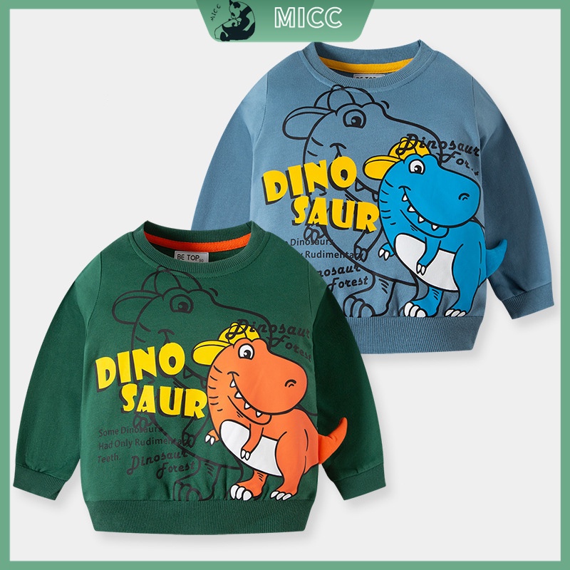 ใหม่ ชุดเด็กแขนยาวคอกลมแขนยาวสำหรับเด็กชายและเด็กหญิงอายุ 2-9 เข็มแขนยาวลายไดโนเสาร์น่ารัก