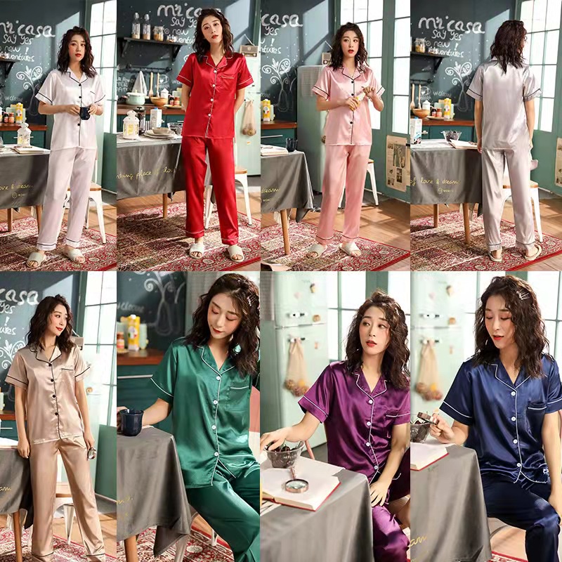 ืN115 ส่งจากไทย ชุดนอน ชุดนอนผ้าซาติน ชุดนอนซาตินแขนสั้นขายาว สีพื้น ชาย-หญิง M-2XL มี 10 สี