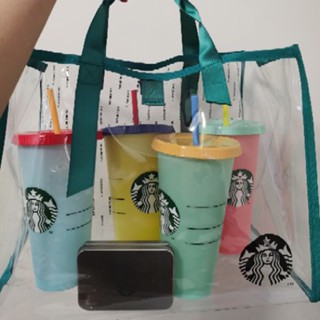 กระเป๋าใส่กล่องอาหารกลางวัน PVC ใส กันน้ํา ความจุขนาดใหญ่ ลาย Starbucks