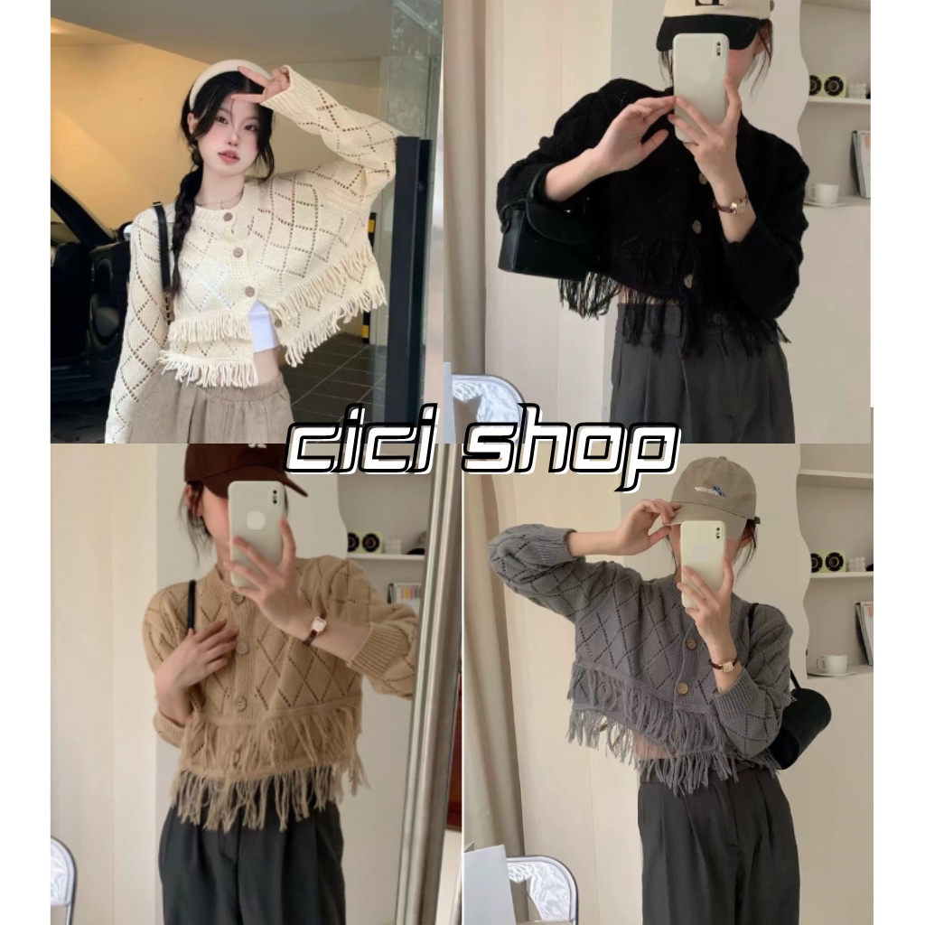 Cicishop(SALE Z1030)เสื้อไหมพรมCardiganแต่งกระดุมหน้าเพิ่มดีเทลพู่ๆชายโทนสีตุ่นๆน่ารักคิ้วๆสไลต์โคเรียสุดๆ