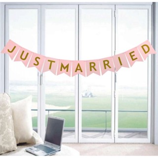 ธง JUST MARRIED Pink &amp; Gold Paper Bunting Flag