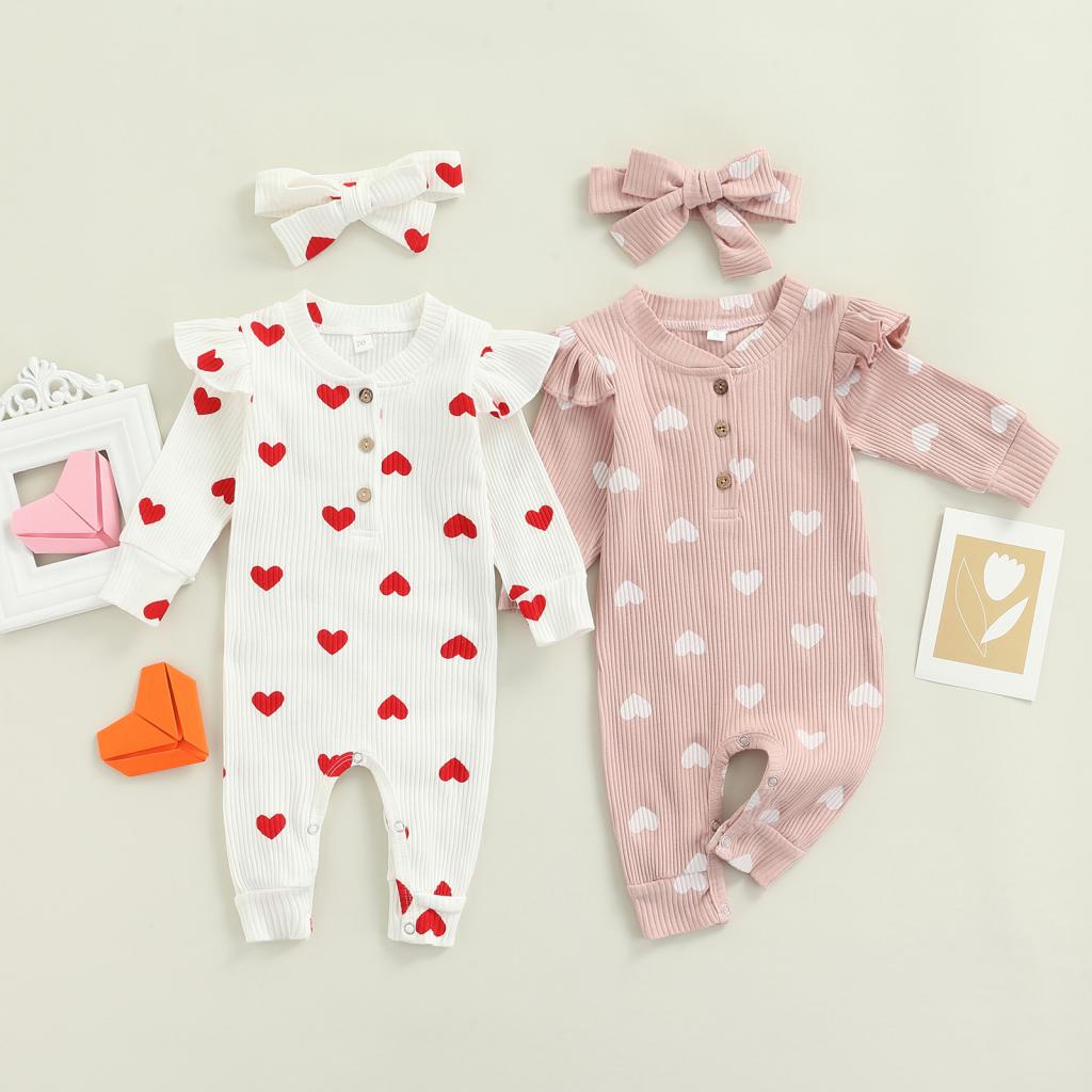 Babygarden- ชุดรอมเปอร์ แขนยาว คอกลม พิมพ์ลายหัวใจ ประดับโบ สีชมพู สีขาว สําหรับเด็กผู้หญิง อายุ 0-18 เดือน