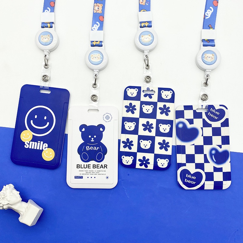กระเป๋าใส่บัตรเครดิต ลายการ์ตูนหมี สีฟ้า พร้อมสายคล้องคอ ปรับขนาดได้ สําหรับนักเรียน บัตรรถบัส บัตรอาหาร ประจําตัวประชาชน