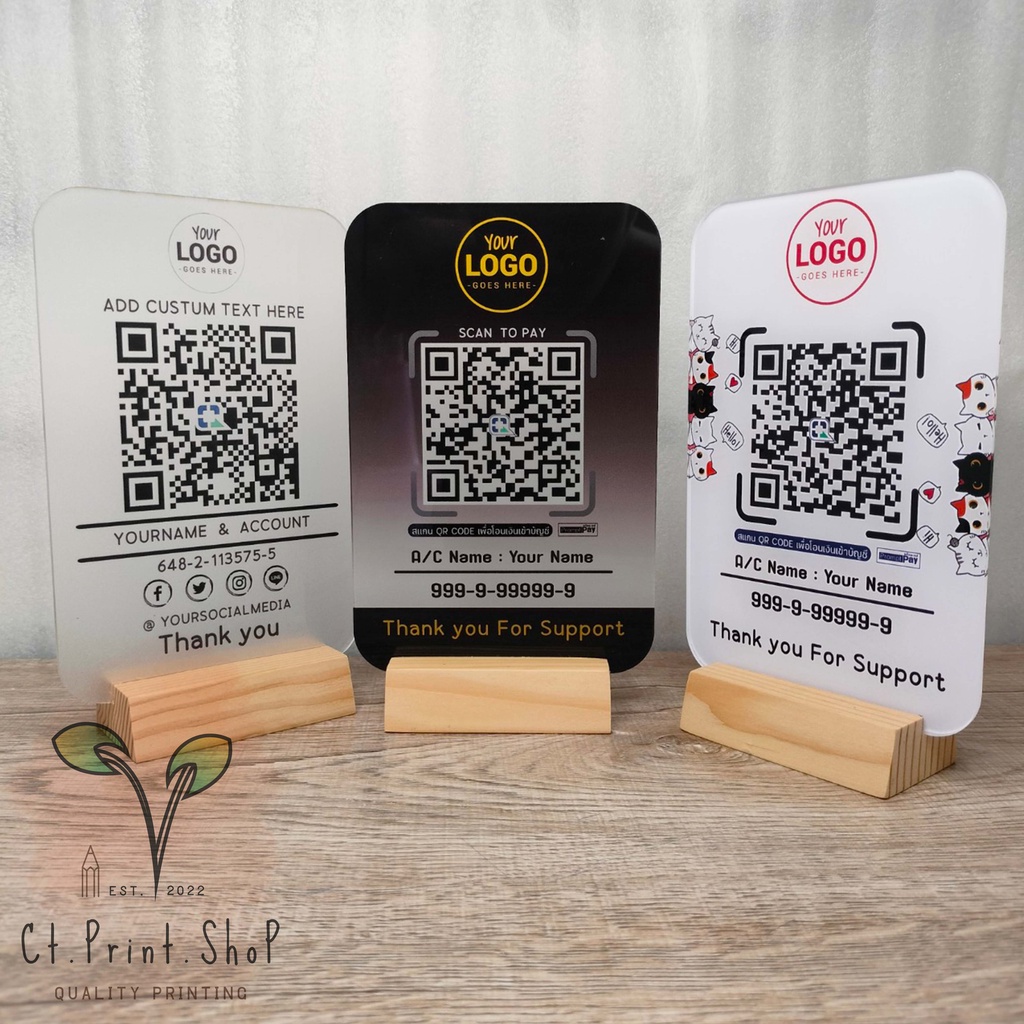 ป้ายสแกนคิวอาร์โค้ด QR CODE ป้ายแนะนำแบบเหลี่ยมตั้งโต๊ะอะคริลิคเสียบฐานไม้