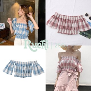 RUCHI เสื้อครอปปาดไหล่ mini off shoulder ลายสก็อต ผ้าคอตตอน น่ารักมากก เกาหลีเกาใจ