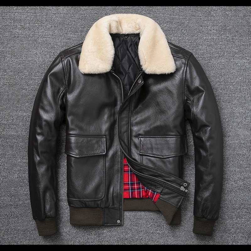 BPlus Size Bust 140cm Bomber Men Genuine Leather Jacket Natural Fur Collar Classic Casual G1 Real Cowhide Mens Coat Wint #4