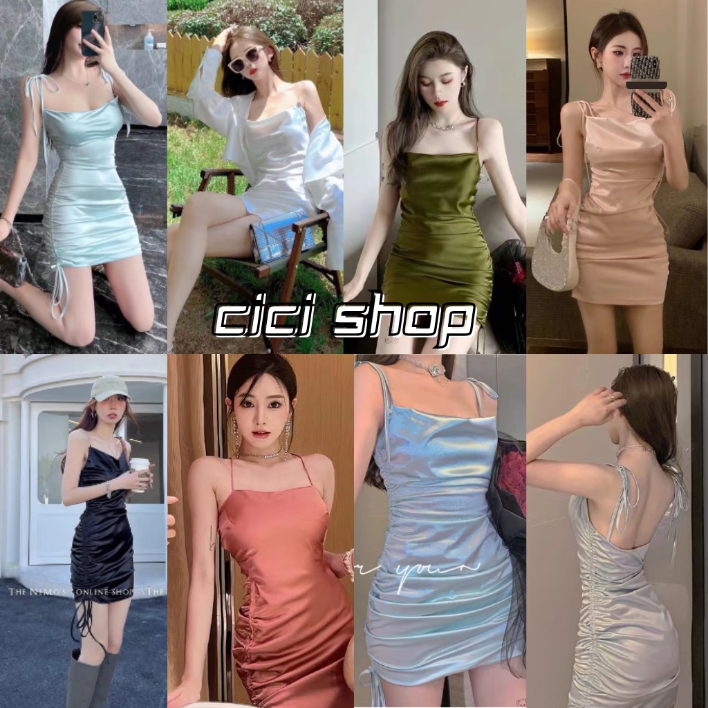 cicishop(2179)Satin Dress เดรสสั้นซาตินสายรูดข้าง สวยหรูดูแพงสุดๆ