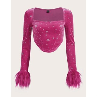 เสื้อครอปสีชมพู แต่งขนปลายแขน อก36-42 ยาว18
