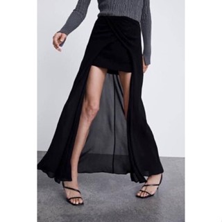 ZARA x กระโปรงผ้าชีฟองสวย ป้าย S เอว 26-27 ยาวด้านใน 13 ชีฟองระบายยาว 34 ทรงเก๋ ใหม่ สีดำสนิท ใหม่ป้ายห้อย code : 736