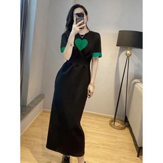 🌺M~3XL เดรสคอกลมสีดำพิมพ์ลายเกาหลีเอวสูงทรงเอยาวปานกลางทรงสลิม