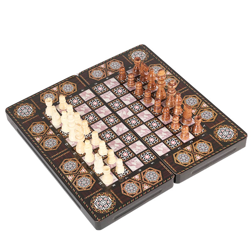 Chess Game Wooden Chess 3 in 1 Checkers Chess Backgammon Travel Chess Set Foldable Chessboard with Wood Chess Pieces I14
