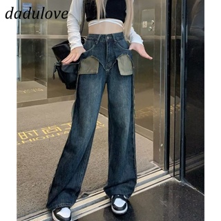 DaDulove💕 New Korean Version Ins Washed Jeans Stitching Straight Pants Large Size Loose High Waist Wide Leg Pants