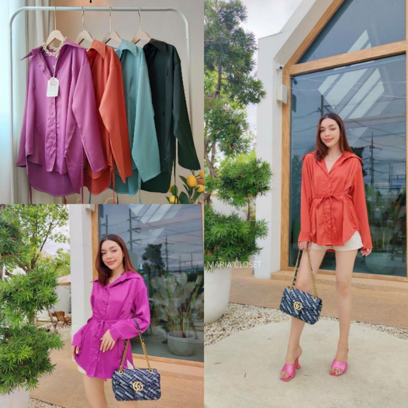 เสื้อเชิ้ต Oversize ผ้าเนื้อดีพรีเมี่ยมมากแม่ มีสายรัดเอว / Maria Closet